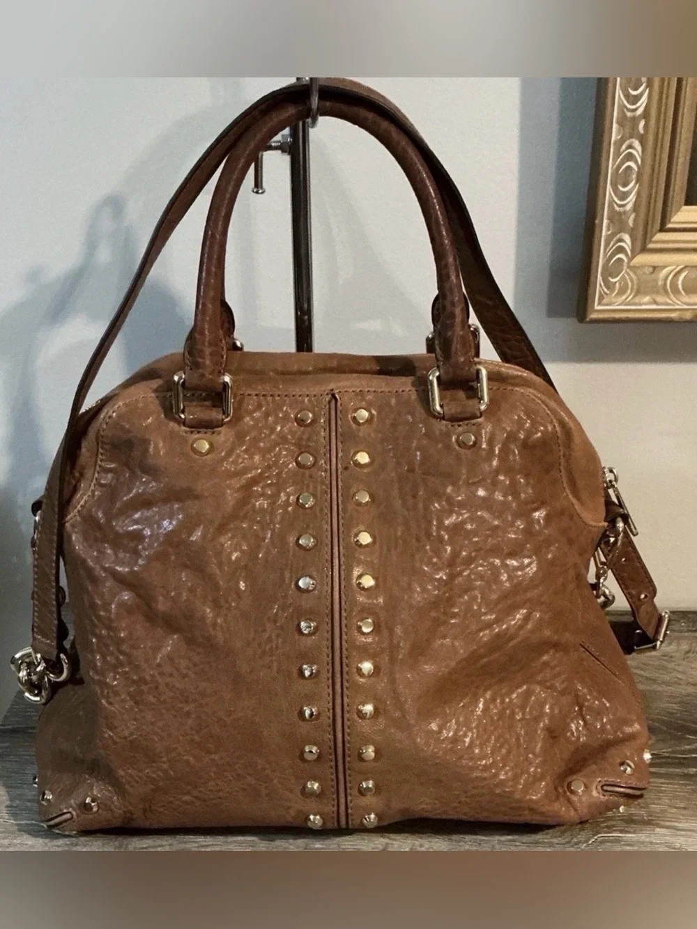 Michael Kors Astor Studded Satchel Top Handle Crossbody Shoulder Bag Brown EUC